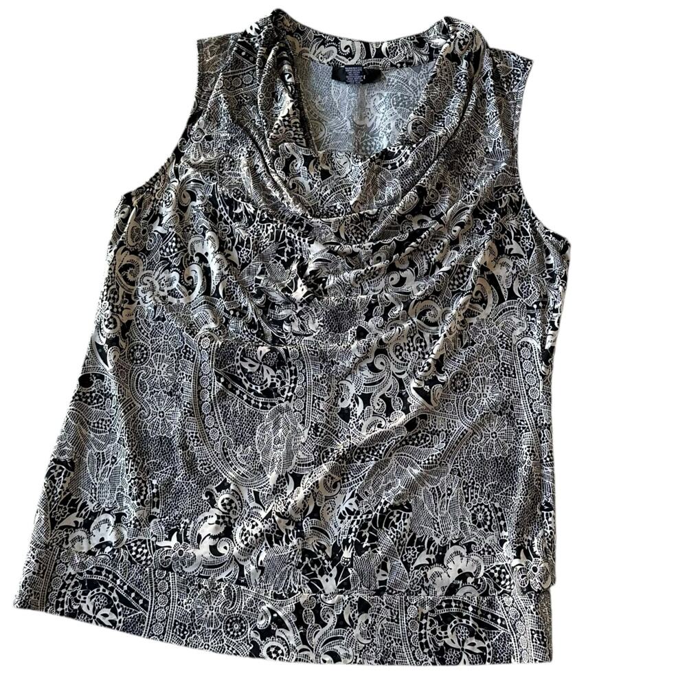 Womens Top Size Medium Black White Abstract Paisley Tank Business Casual Office